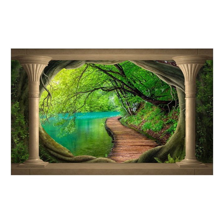 papier peint paysage mystérieux trompe l'oeil effet 3D extension d'espace au bord du lac
