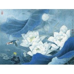 papier peint vintage style asiatique sur mesure tapisserie zen les lotus blancs et l'oiseau dans la nuit bleu