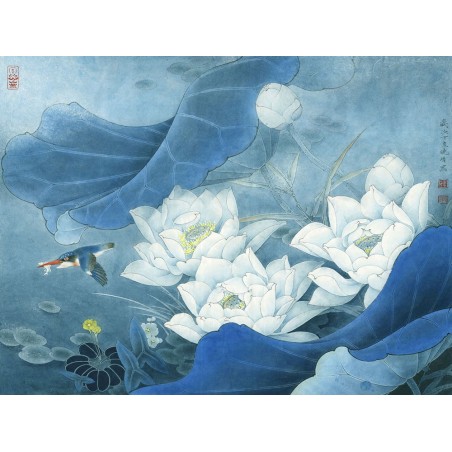 Tapisserie vintage style asiatique - Les lotus blancs et l'oiseau dans la nuit