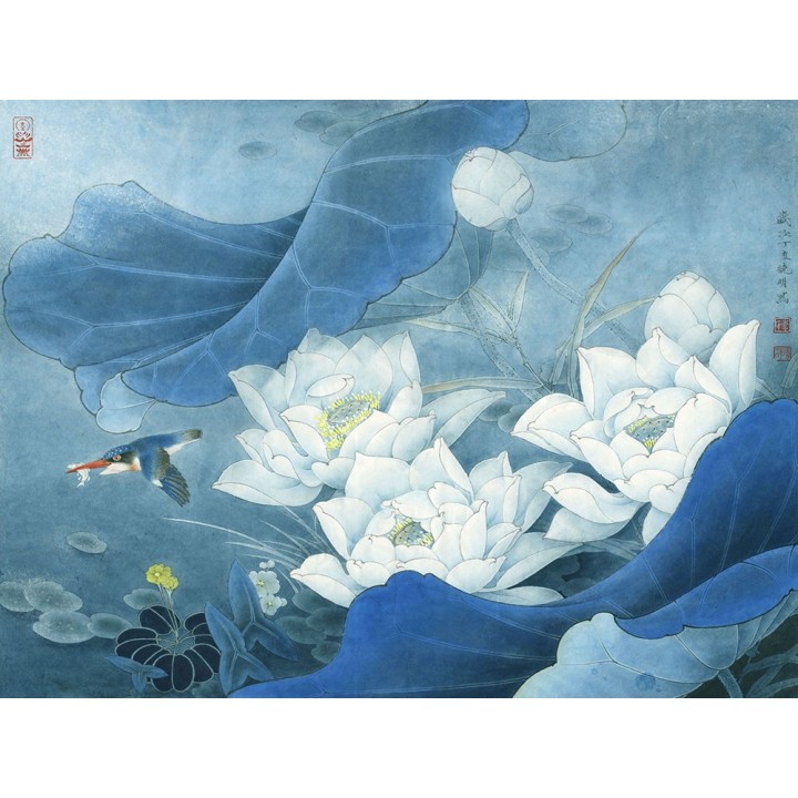 papier peint vintage style asiatique sur mesure tapisserie zen les lotus blancs et l'oiseau dans la nuit bleu