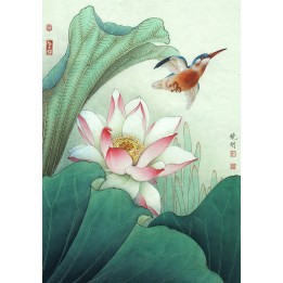 peinture à l'encre de Chine papier peint asiatique tapisserie zen lotus rose et l'oiseau