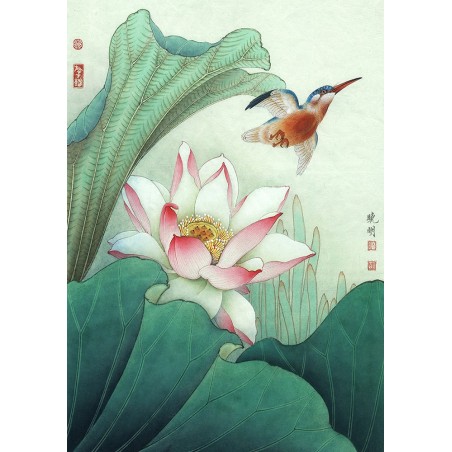 Tapisserie asiatique - Lotus rose avec l'oiseau