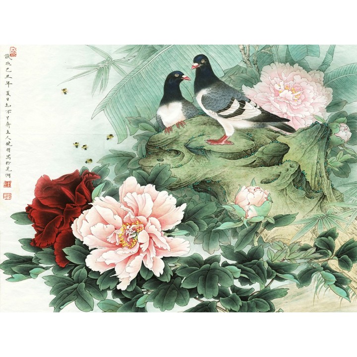 peinture à l'encre de Chine papier peint asiatique tapisserie florale les pivoines et les oiseaux