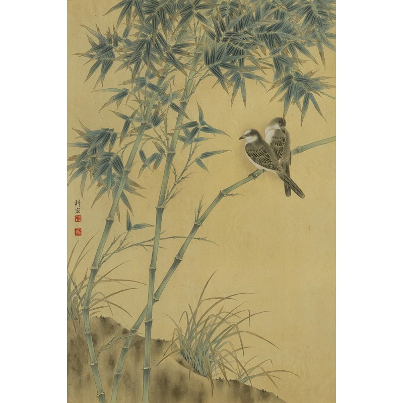 Tapisserie asiatique format portrait (vertical) - Les bambous et les oiseaux aspect ancien