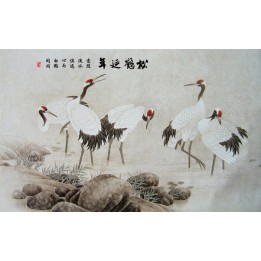 peinture à l'encre de Chine papier peint asiatique tapisserie vintage les grues au sommet vermillon