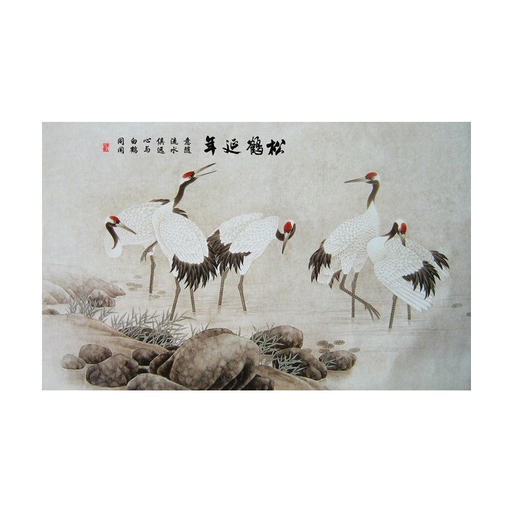 peinture à l'encre de Chine papier peint asiatique tapisserie vintage les grues au sommet vermillon