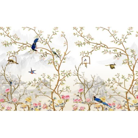 Tapisserie florale style asiatique - Paysage avec les fleurs et les oiseaux