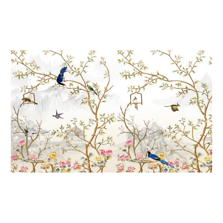 peinture à l'encre de Chine papier peint asiatique tapisserie zen paysage avec les fleurs et les oiseaux