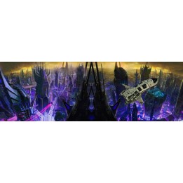 papier peint photo science-fiction grand format panoramique future ville et vaisseau spatial
