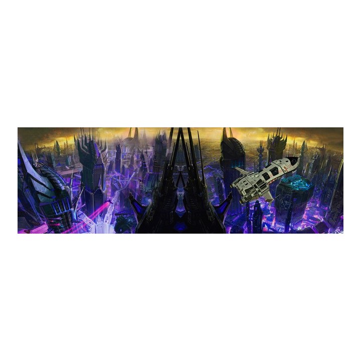 papier peint photo science-fiction grand format panoramique future ville et vaisseau spatial