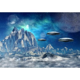 papier peint photo science-fiction sous-coupes volantes volant dans planète glacée