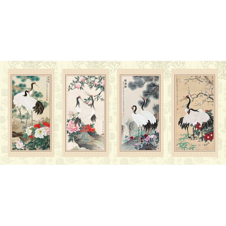 peinture à l'encre de Chine papier peint asiatique tapisserie zen paysage avec les grues du Japon