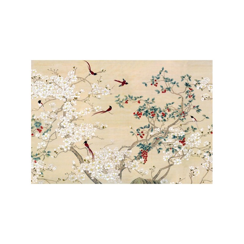 Tapisserie florale style asiatique - Les magnolias blancs et les oiseaux rouges