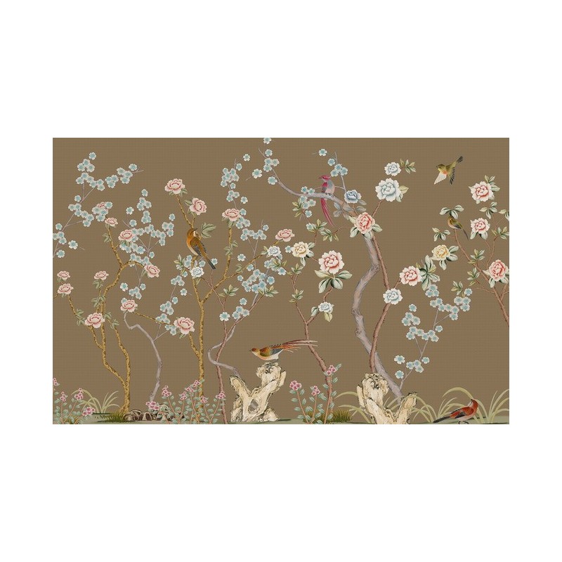 Tapisserie florale style asiatique - Les fleurs et les oiseaux sur fond marron