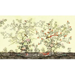 papier peint d'artiste asiatique tapisserie numérique zen les fleurs et les oiseaux sur fond vert pastel