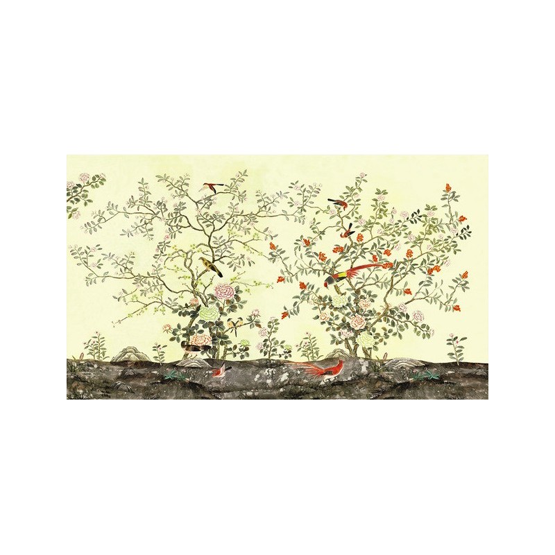 Tapisserie florale style asiatique - Les fleurs et les oiseaux sur fond vert pastel