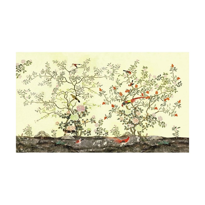 papier peint d'artiste asiatique tapisserie numérique zen les fleurs et les oiseaux sur fond vert pastel