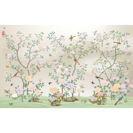 papier peint floral asiatique tapisserie numérique zen les fleurs et les oiseaux sur fond gris clair
