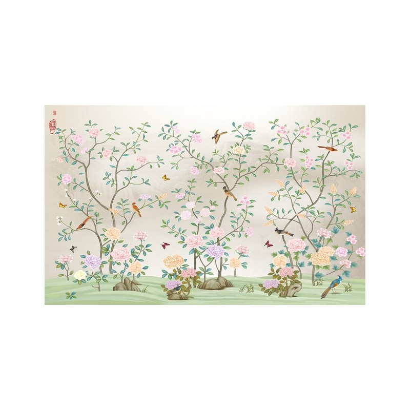 Tapisserie florale style asiatique - Les fleurs et les oiseaux sur fond gris clair