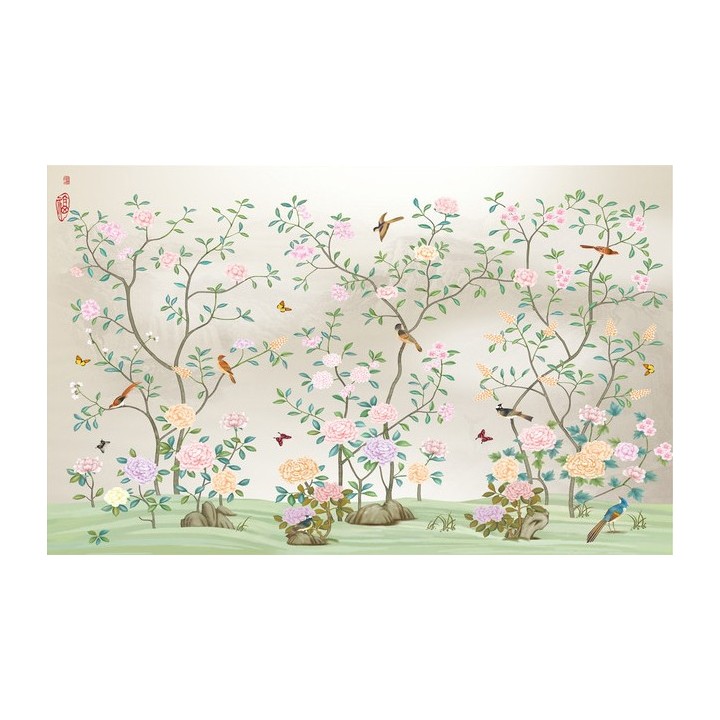 papier peint floral asiatique tapisserie numérique zen les fleurs et les oiseaux sur fond gris clair