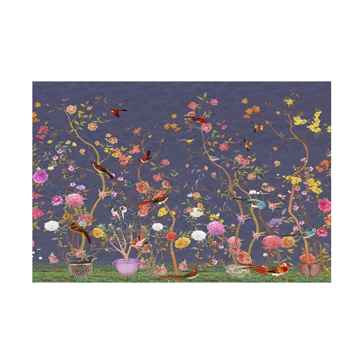 papier peint floral personnalisé tapisserie numérique zen les fleurs et les oiseaux sur fond violet
