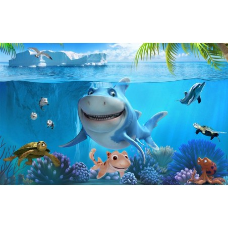 Décoration murale chambre d'enfant tapisserie paysage fond marin - Le requin et les tortues