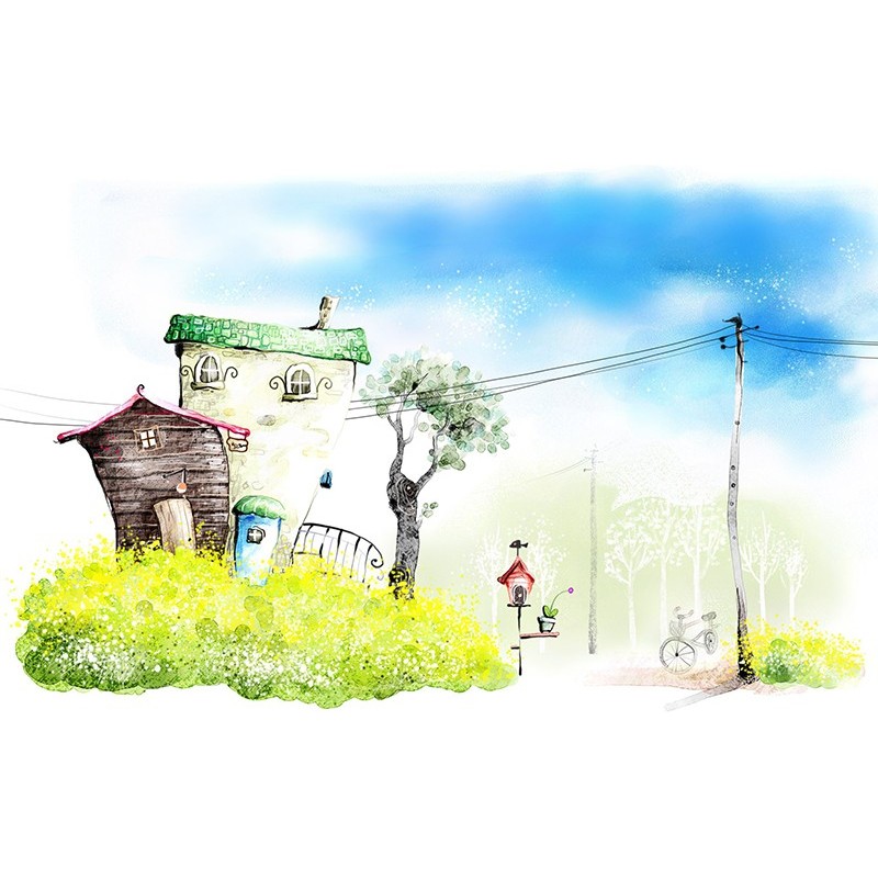papier peint photo panoramique pour enfant paysage dessin naif aquarelle  maison en carton