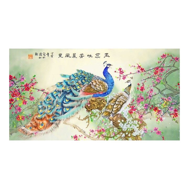 papier peint chinois panoramique tapisserie d'artiste asiatique les paons avec les fleurs