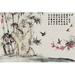 tapisserie asiatique zen personnalisé bambou oiseau poème