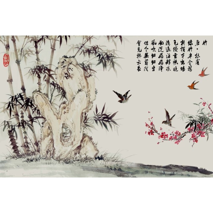tapisserie asiatique zen personnalisé bambou oiseau poème