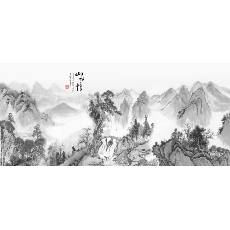 Peinture asiatique en noir et blanc - Paysage de la montagne avec chute d'eau