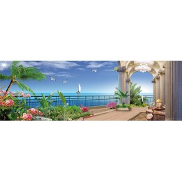 extension d'espace papier peint trompe l'œil 3D personnalisé paysage romantique vue de la mer depuis balcon