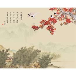 peinture asiatique tapisserie numérique paysage zen maison dans la foret de bambous les fleurs et les oiseaux