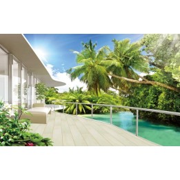 extension d'espace papier peint photo trompe l'œil effet 3D paysage tropical avec les cocotiers vue depuis balcon