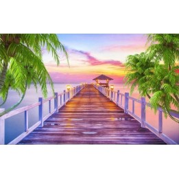 extension d'espace papier peint photo trompe l'œil effet 3D paysage tropical coucher du soleil avec les cocotiers