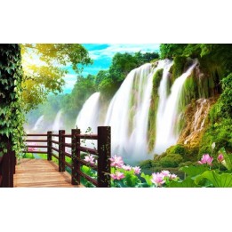 extension d'espace papier peint photo trompe l'œil effet 3D paysage tropical chute d'eau avec les lotus