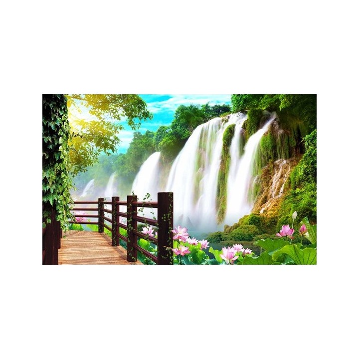 extension d'espace papier peint photo trompe l'œil effet 3D paysage tropical chute d'eau avec les lotus