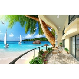 extension d'espace papier peint photo trompe l'œil effet 3D paysage mer tropicale avec les cocotiers