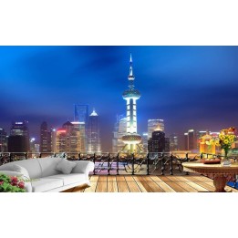 extension d'espace papier peint photo trompe l'œil effet 3D paysage de la nuit à Shang Hai