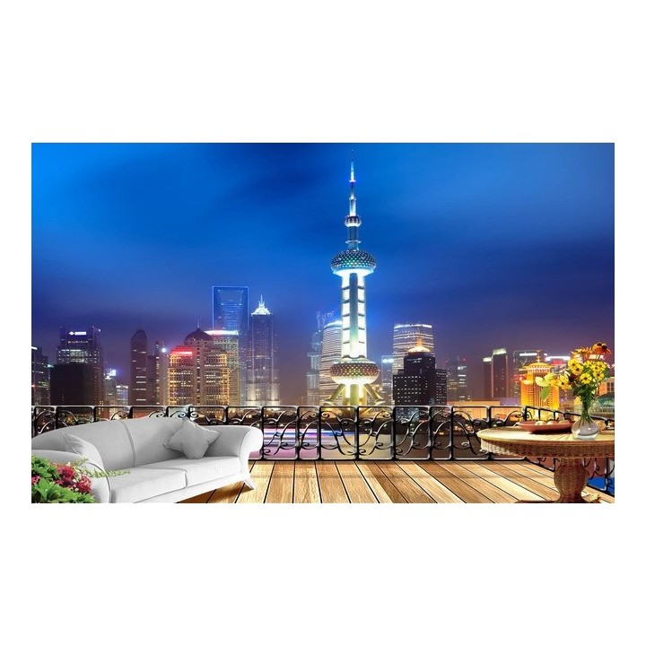 extension d'espace papier peint photo trompe l'œil effet 3D paysage de la nuit à Shang Hai