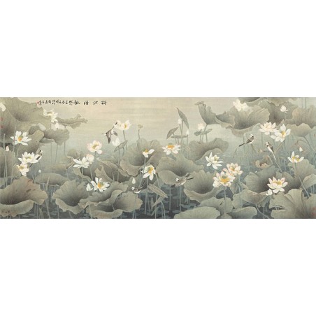 Peinture asiatique ancienne - Les lotus dans l'étang avec les oiseaux