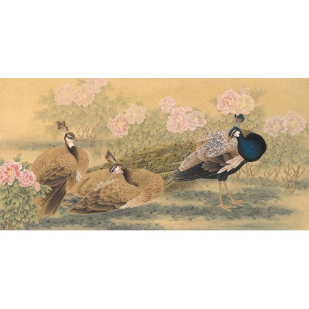 Peinture asiatique ancienne - Les paons dans le jardin de pivoine