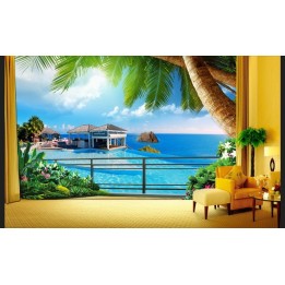 papier peint trompe l'œil 3D paysage mer tropicale maison de vacances