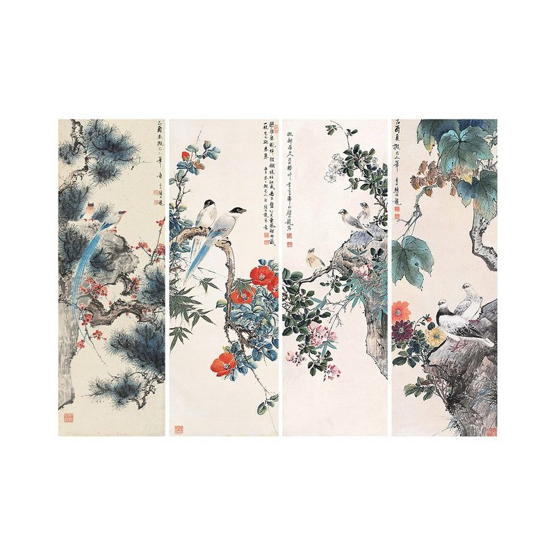 Peinture à l'encre de Chine - Composition de 4 tableaux de fleurs et oiseaux fond beige