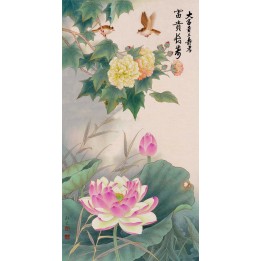papier peint chinois chinese wallpaper - Les lotus les roses de chine et les oiseaux