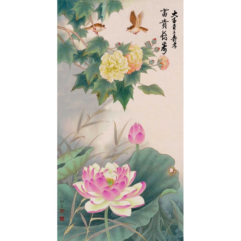 Tapisserie numérique style chinois - Les lotus, les roses de Chine et les oiseaux