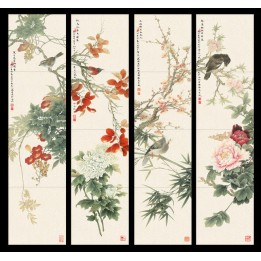 peinture à l'encre de chine composition de 4 tableaux de fleurs et d'oiseaux fond beige cadre noir