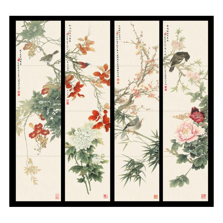 peinture à l'encre de chine composition de 4 tableaux de fleurs et d'oiseaux fond beige cadre noir