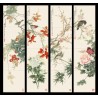 Papier peint asiatique - Composition de 4 tableaux de fleurs et oiseaux fond beige cadre noir