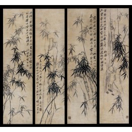 tapisserie asiatique ancienne peinture à l'encre de chine les bambous et calligraphie en noir et blanc